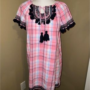 Crown & Ivy Pink Blue White Plaid Tassel Dress Short Sleeve Size 2